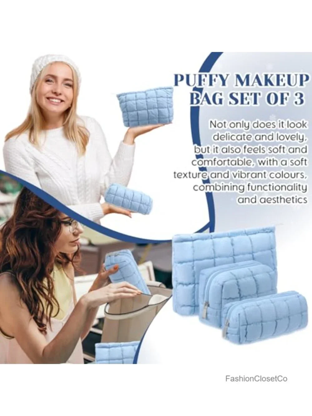 3 Pcs Quilted Puffy Makeup Bag Set Cosmetic Pouch for Women Checkered Travel